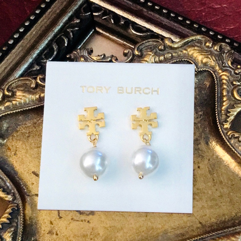 TORY BURCH • Gold Pearl Logo Drop Earrings - Picture 4 of 4